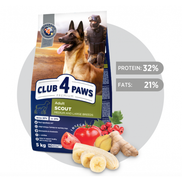 CLUB 4 PAWS Premium SCOUT. Pre aktívnych a pracovných psov stredných a veľkých plemien 5 kg (3587) - Kliknutím zobrazíte detail obrázku.