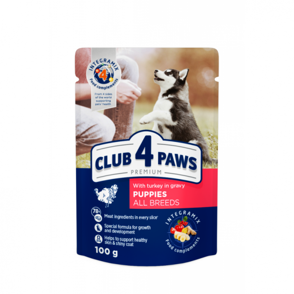 СLUB 4 PAWS Premium kapsička pre šteniatka s morčacím mäsom v omáčke 100 g (0686) - Kliknutím zobrazíte detail obrázku.
