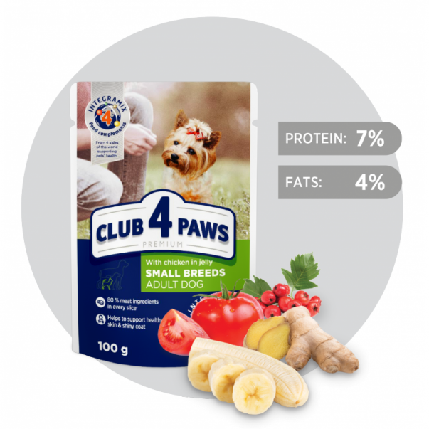 СLUB 4 PAWS Premium kapsička pre psov, pre malé plemená s kuracím mäsom v želé 100 g (0508) - Kliknutím zobrazíte detail obrázku.