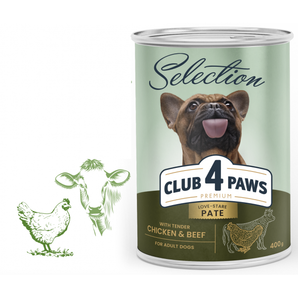 CLUB 4 PAWS Premium Selection - Jemná paštéta s kuracím a hovädzím mäsom 400g (9466) - Kliknutím zobrazíte detail obrázku.