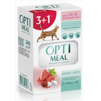 Kapsička pre mačky, pre všetky plemená (3+1) OPTIMEAL S teľacím mäsom v brusnicovej omáčka 4 x 85 g