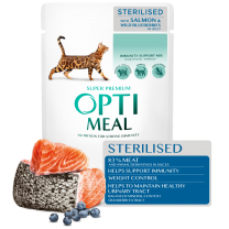 OPTIMEAL™ Superpremium pre sterilizované mačky s lososom a lesnými čučoriedkami v želé 85g (0141)