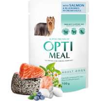 OPTIMEAL™. Superpremium Pre dospelých psov s lososom a čučoriedkami v smotanovej omáčke 100 g (9725)