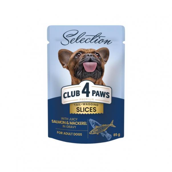 Club 4 Paws Premium Plus Selection kúsky s lososom a makrelou v omáčke pre dospelých psov 85g (8056) - Kliknutím zobrazíte detail obrázku.