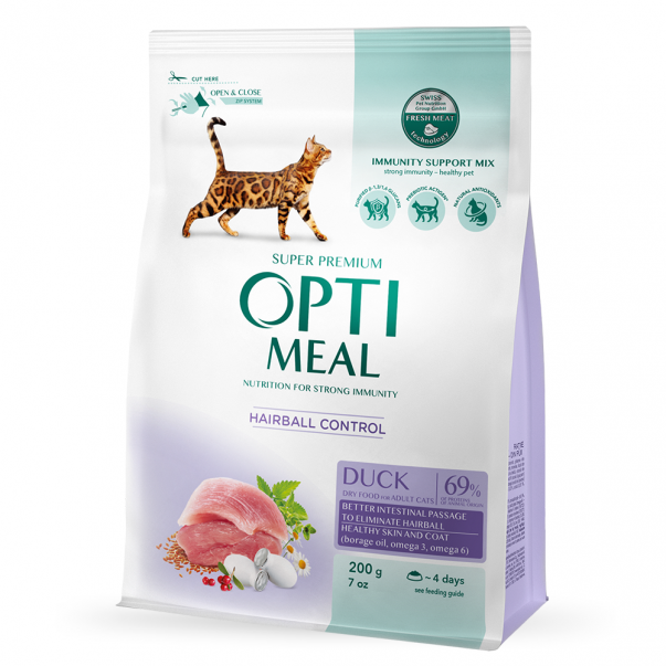 OPTIMEAL™ Superpremium pre dospelé dlhosrsté mačky Hairball s kačacim mäsom 200 g (2412) - Kliknutím zobrazíte detail obrázku.