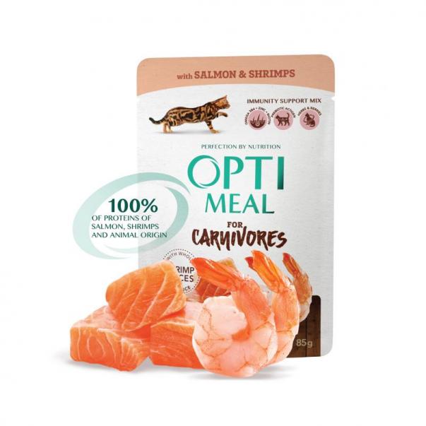 Kapsička pre mačky OPTIMEAL S lososom a krevetami v omáčke, bez obilnín 85 g - Kliknutím zobrazíte detail obrázku.