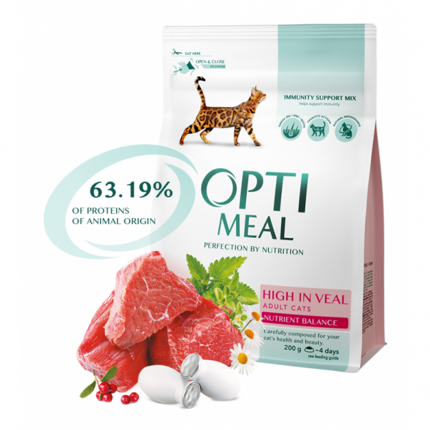 OPTIMEAL™ Superpremium pre dospelé mačky s teľacím mäsom 200g (0173) - Kliknutím zobrazíte detail obrázku.