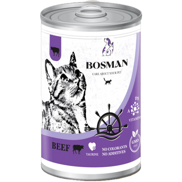BOSMAN. Kompletné krmivo pre dospelé mačky s hovädzím mäsom 415g (0425) - Kliknutím zobrazíte detail obrázku.