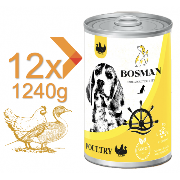 BOSMAN kompletné krmivo pre dospelých psov s hydinou 12x1240g (0388*) - Kliknutím zobrazíte detail obrázku.