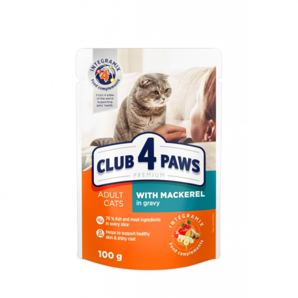 Kapsička pre mačky CLUB 4 PAWS Premium S makrelou v omáčke 100 g - Kliknutím zobrazíte detail obrázku.