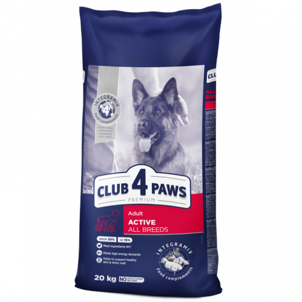 Granuly pre psov všetky plemená s vysokou aktivitou CLUB 4 PAWS Premium Active 20 kg - Kliknutím zobrazíte detail obrázku.