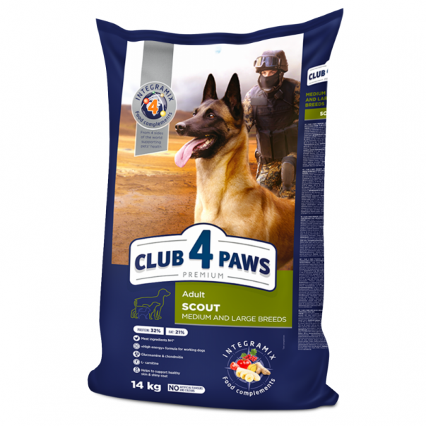 CLUB 4 PAWS Premium SCOUT. Pre aktívnych a pracovných psov stredných a veľkých plemien 14 kg (2917) - Kliknutím zobrazíte detail obrázku.