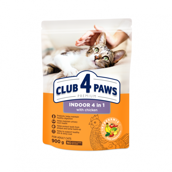 CLUB 4 PAWS Premium Indoor 4 in 1. Pre dospelé mačky žijúce v byte 900g (9412) - Kliknutím zobrazíte detail obrázku.