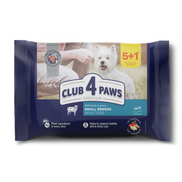 Kapsička pre psov, pre malé plemená СLUB4PAWS Premium S jahňacím mäsom v omáčke 6 x 80 g - Kliknutím zobrazíte detail obrázku.
