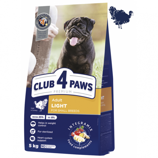 CLUB 4 PAWS Premium LIGHT pre dospelých psov malých plemien, sterilizované - Morka 5 kg (7851) - Kliknutím zobrazíte detail obrázku.