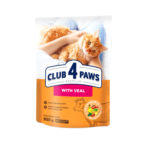 CLUB 4 PAWS Premium S teľacím mäsom. Pre dospelé mačky 900g (0196) - Kliknutím zobrazíte detail obrázku.