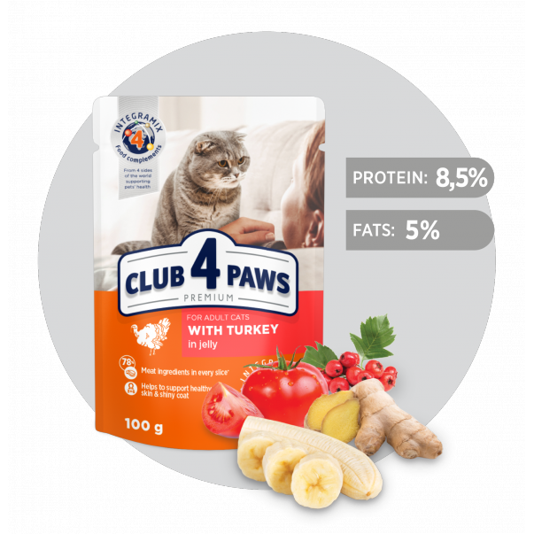 Kapsička pre mačky CLUB 4 PAWS Premium S morčacím mäsom v želé 100 g - Kliknutím zobrazíte detail obrázku.