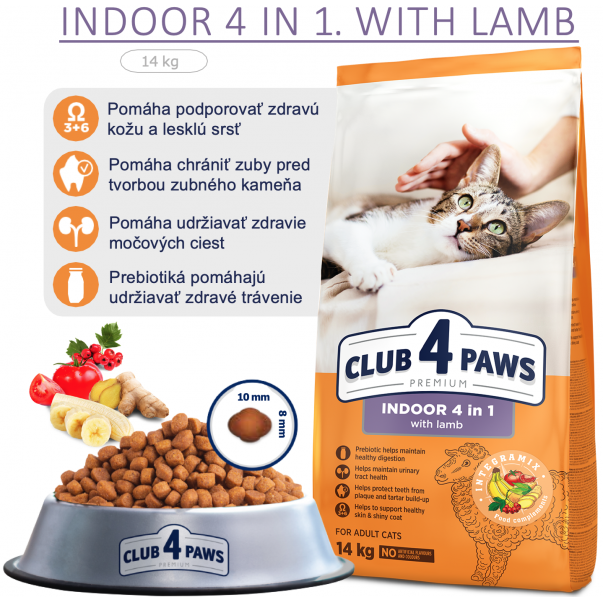 CLUB 4 PAWS Premium Indoor 4 in 1. Pre dospelé mačky S jahňacinou 14 kg (9473) - Kliknutím zobrazíte detail obrázku.