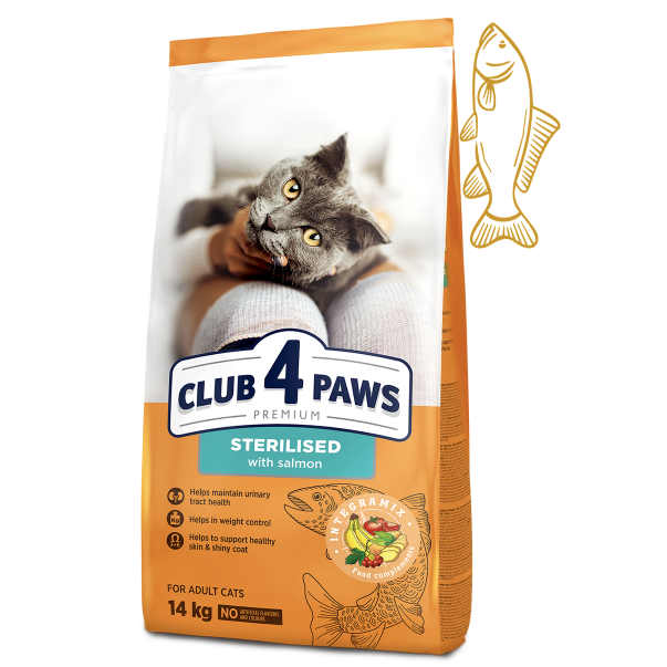 CLUB 4 PAWS Premium Sterilised s lososom. Pre dospelé sterilizované mačky 14 kg (9497) - Kliknutím zobrazíte detail obrázku.