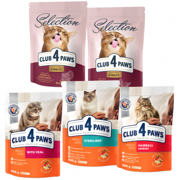 CLUB 4 PAWS Premium Degustačný SET pre mačky (5 x 300g) 1,5 kg (2353) - Kliknutím zobrazíte detail obrázku.