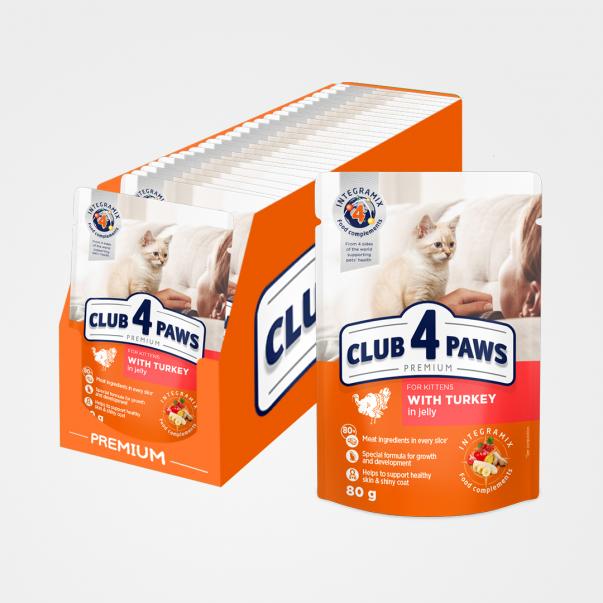 CLUB 4 PAWS Premium pre mačiatka  S morčacím mäsom v želé 24x80g (0701*) - Kliknutím zobrazíte detail obrázku.