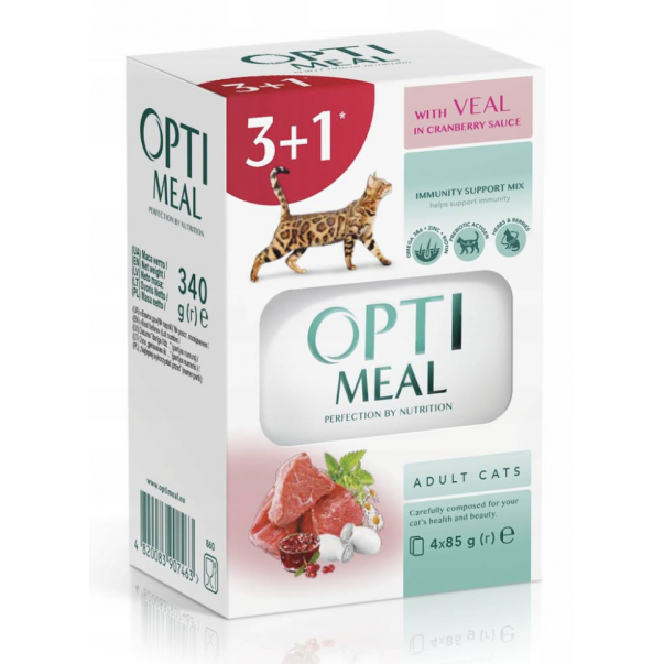 OPTIMEAL™ SET 3+1 kapsička pre mačky s teľacím mäsom v brusnicovej omáčka 4x85 g (0535**) - Kliknutím zobrazíte detail obrázku.