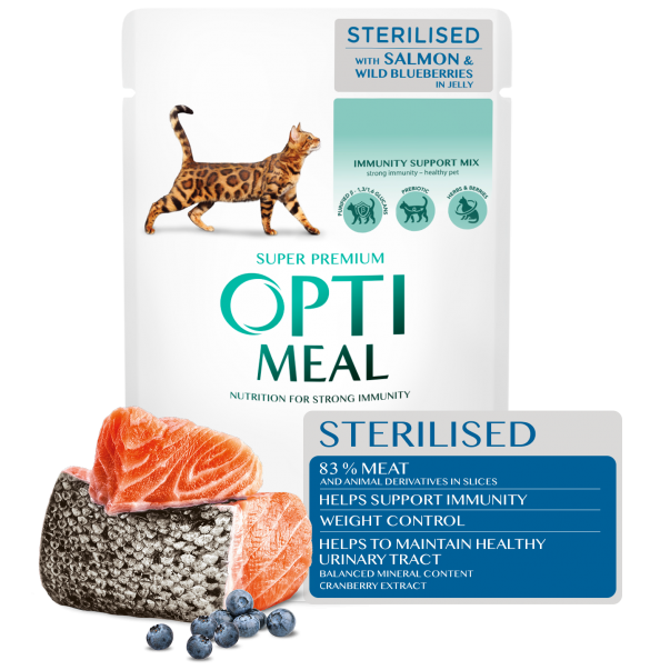 OPTIMEAL™ Superpremium pre sterilizované mačky s lososom a lesnými čučoriedkami v želé 85g (0141) - Kliknutím zobrazíte detail obrázku.