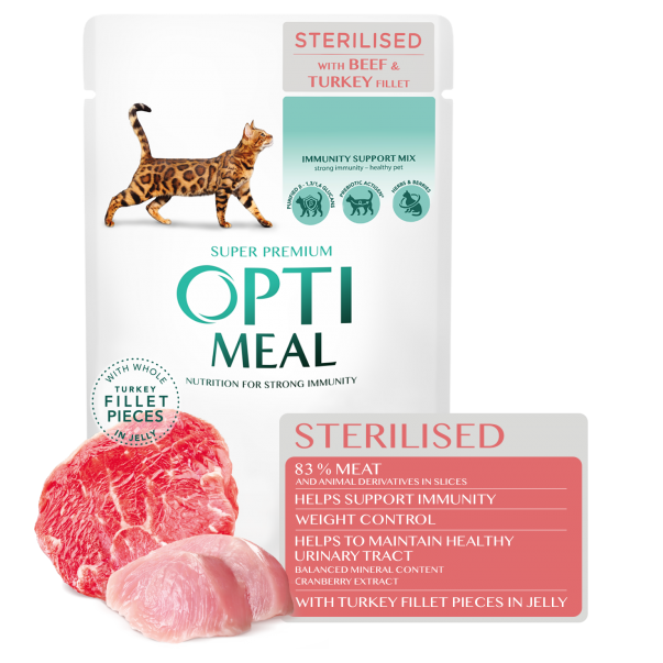 OPTIMEAL™ Superpremium kapsička pre sterilizované mačky s hovädzím a morčacím filé v žele 85g (0533) - Kliknutím zobrazíte detail obrázku.