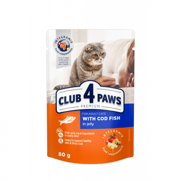 Kapsička pre mačky CLUB 4 PAWS Premium S treskou v želé  80 g - Kliknutím zobrazíte detail obrázku.