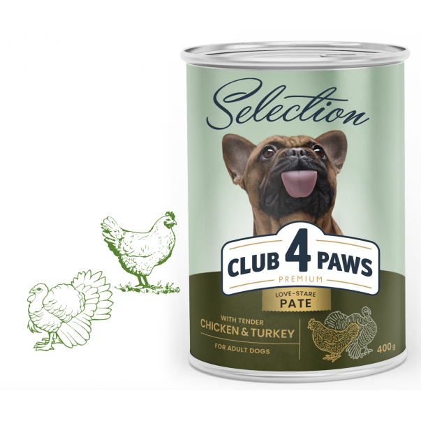 CLUB 4 PAWS Premium Selection - Jemná paštéta s kuracím a morčacím mäsom 400g (9442) - Kliknutím zobrazíte detail obrázku.