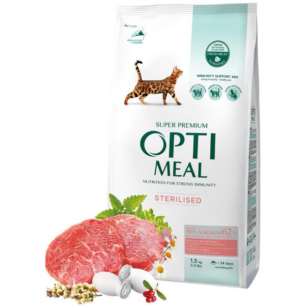 OPTIMEAL™ Superpremium pre všetky kastrované mačky s hovädzim mäsom a ciroku 1,5 kg (4652) - Kliknutím zobrazíte detail obrázku.