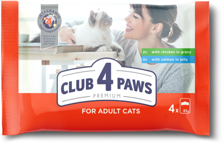 CLUB 4 PAWS Premium SET Pre dospelé mačky S kuracím mäsom v omáčke, S lososom v želé 4x80g (9060) - Kliknutím zobrazíte detail obrázku.